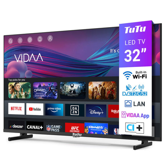 TuTu Smart TV 32 Pulgadas LED HD Televisión con WiFi, App Store, Sintonizador Digital, Prime Video, Netflix, Youtube, DAZN, Disney+, Pluto TV, Apoyado por VIDAA (TUV32HQ1B, 2024)