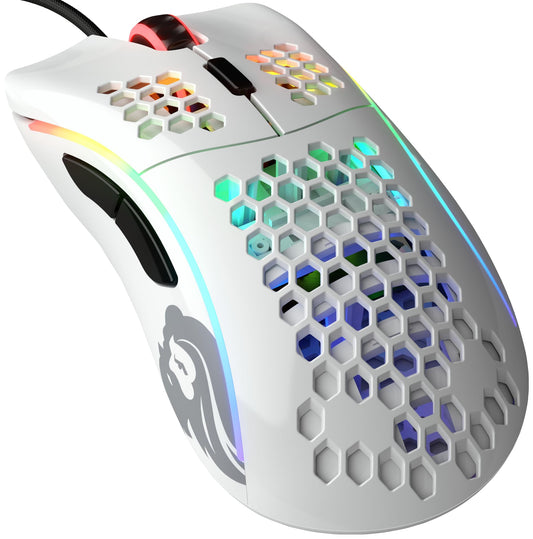 Glorious Gaming Model D Ratón gaming con cable - 68 g superligero, diseño colmena, RGB, ergonómico, sensor Pixart 3360, switches de Omron, deslizadores de PTFE, 6 botones - Blanco brillante